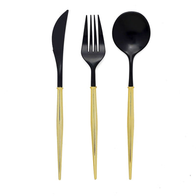 Black and gold cutlery set including knife, fork, and spoon