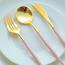 Premium 8 Inch Metallic Gold Plastic Modern Silverware Cutlery Set With Rose Gold Handle 24 Pack