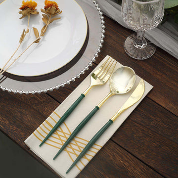 Add a Touch of Elegance to Your Table with the Metallic Gold With Hunter Emerald Green Utensil Set