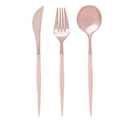 Rose gold cutlery set including knife, fork, and spoon on white background