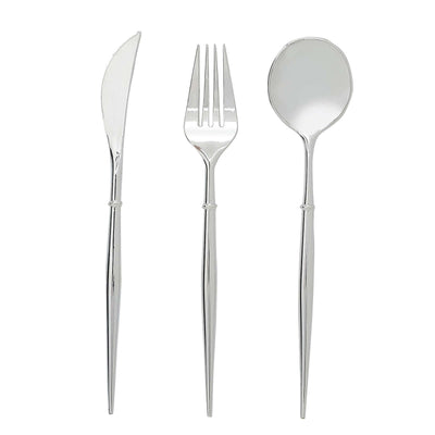 Silver cutlery set including knife, fork, and spoon on white background