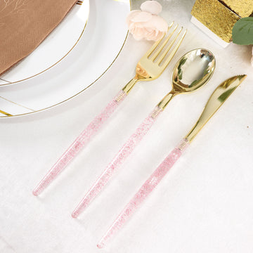 Add a Touch of Elegance to Your Table with Rose Gold Glittered Gold Plastic Cutlery Set