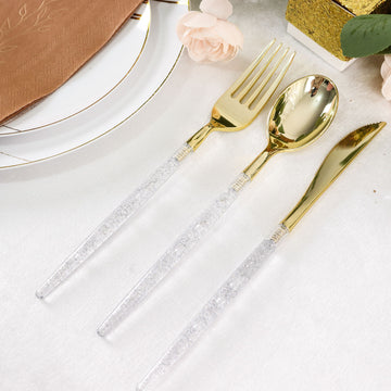 Add Sparkle to Your Tablescape with Silver Glittered Gold Plastic Cutlery Set