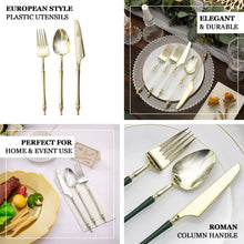4 Pack | Gold / Clear Glittered European Plastic Utensil Set with Roman Column Handle, Disposable