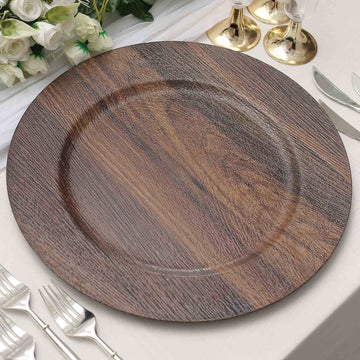 6 Pack | 13" Dark Brown Boho Chic Faux Wood Plastic Charger Plates, Round Rustic Wedding Party Service Plates