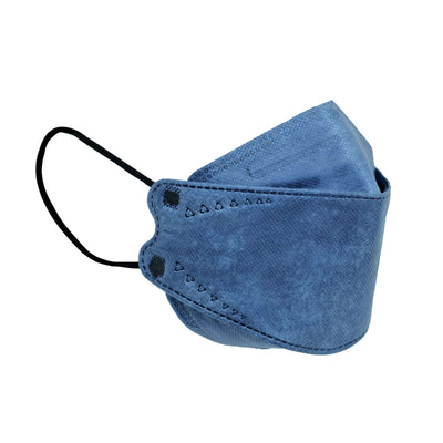 Blue protective face mask with decorative stitching on a white background.