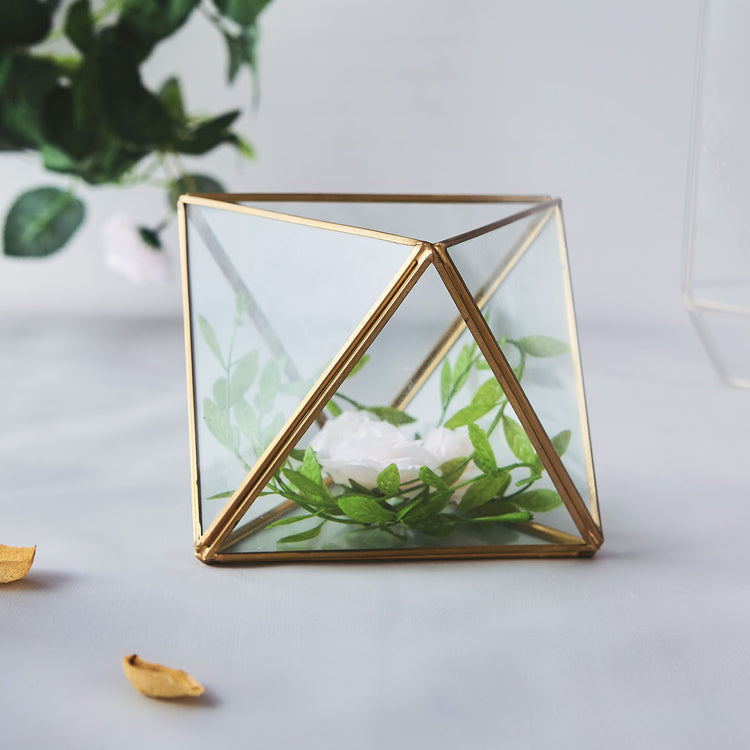 9 Inch Diamond Prism Hanging Terrarium in Gold Metal Plant Holder