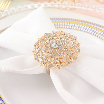 4 Pack | Diamond Rhinestone Gold Metal Flower Napkin Rings, Decorative Napkin Buckle Holders