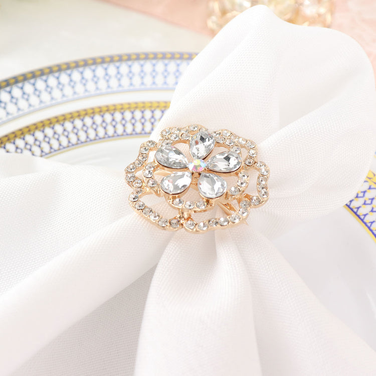 4 Pack of Flower Gold Metal Rose Diamond Rhinestone Napkin Rings 