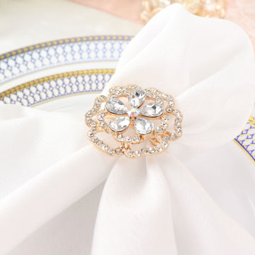 4 Pack Diamond Rhinestone Gold Metal Rose Flower Napkin Rings, Decorative Napkin Buckle Holders