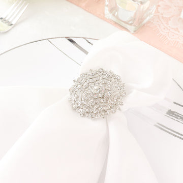 4 Pack Diamond Rhinestone Silver Metal Flower Napkin Rings, Decorative Napkin Buckle Holders