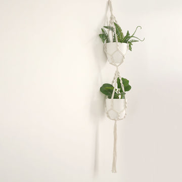 2-Tier Double Ivory Macrame Indoor Hanging Planter Basket Cotton Rope, Dual Decorative Flower Pot Holder With Tassel, Boho Chic Home Decor
