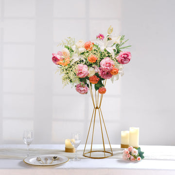 Dual Cone Reversible Gold Metal Geometric Flower Stand, Wedding Vase Pedestal, Column Centerpiece 27"