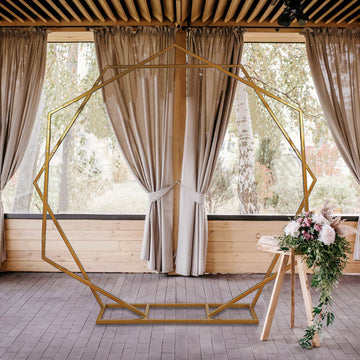 Dual Gold Metal Geometric Shaped Hexagon Heptagon Wedding Arch, Event Photo Backdrop Stand 8ft