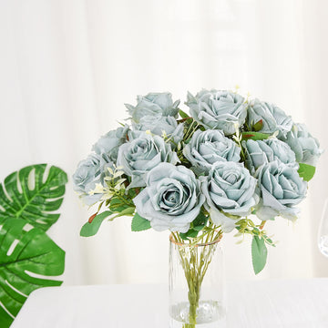 2 Bushes Dusty Blue Artificial Silk Rose Flower Arrangements, Real Touch Long Stem Flower Bouquet 18"