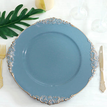 6 Pack Dusty Blue Gold Embossed Baroque Round Charger Plates With Antique Design Rim 13"
