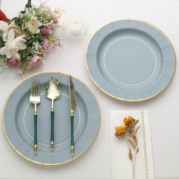 25 Pack Dusty Blue Gold Rim Sunray Heavy Duty Paper Dinner Plates, Disposable Party Plates 350 GSM 10"