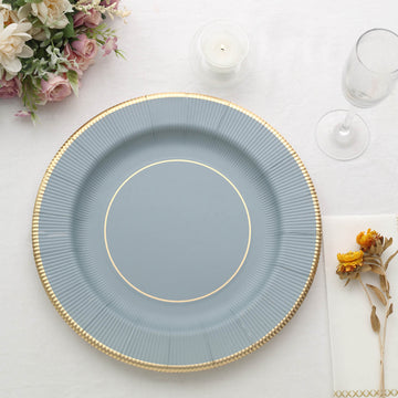 25 Pack | 13" Dusty Blue Gold Rim Sunray Heavy Duty Paper Serving Plates, Disposable Charger Plates - 350 GSM