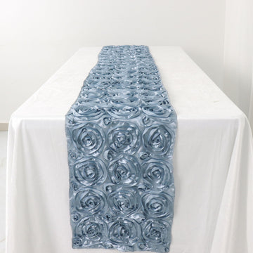 Elegant Dusty Blue Grandiose 3D Rosette Satin Table Runner 14"x108"