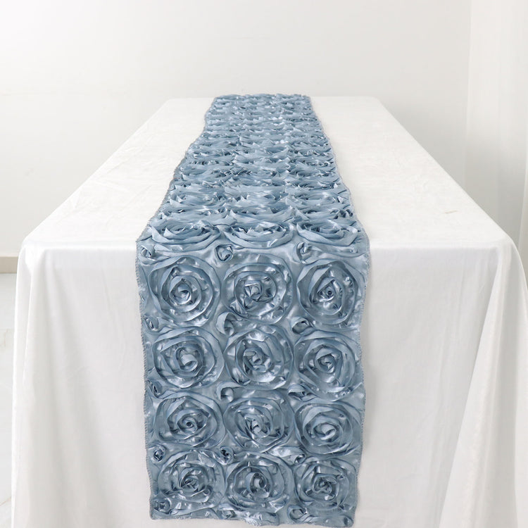 14 Inch x 108 Inch Dusty Blue Table Runner with Grandiose 3D Rosette Design