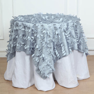 Elevate Your Event Decor with the Dusty Blue 3D Leaf Petal Taffeta Fabric Seamless Square Table Overlay