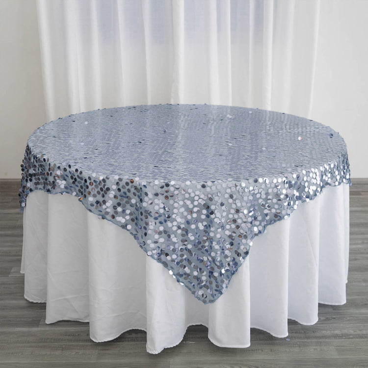 72 Inch x 72 Inch Dusty Blue Payette Sequin Square Table Overlay Premium Quality