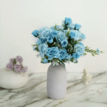 4 Bushes | 12" Dusty Blue Real Touch Artificial Silk Rose Bridal Bouquet, Faux Flowers