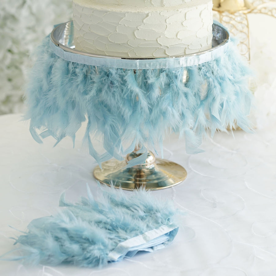 39 Inch Dusty Blue Real Turkey Feather Fringe Trim with Satin Ribbon Tape
