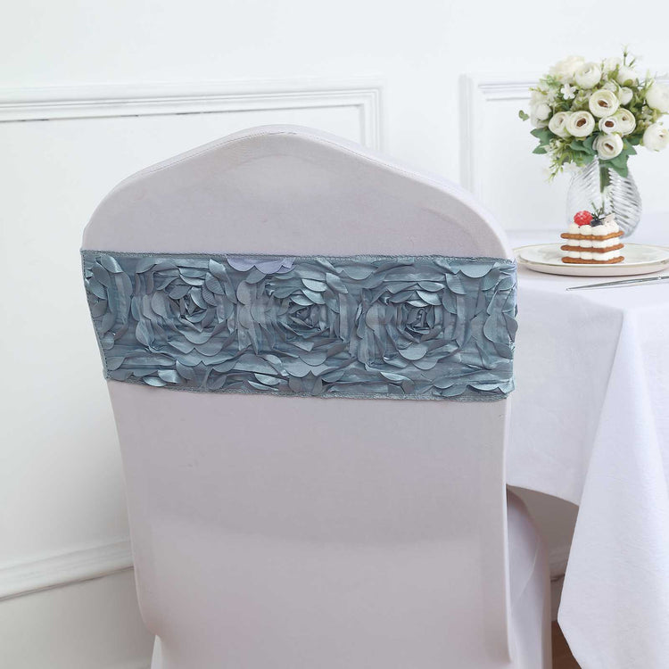 Pack Of Five 6X14 Inch Dusty Blue Chair Sashes In Rosette Style With Satin And Spandex Material
