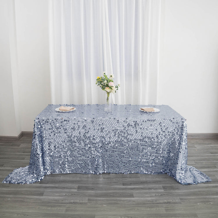 90 Inch x 132 Inch Dusty Blue Payette Sequin Rectangle Tablecloth 