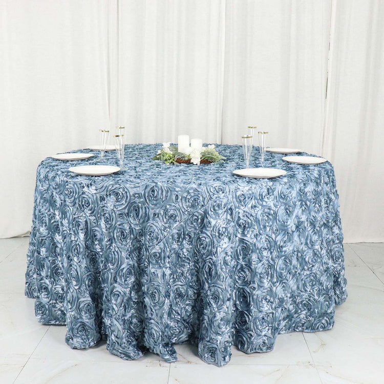 Dusty Blue Grandiose 3D Rosette Satin Round Tablecloth 120 Inch