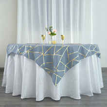 54 Inch x 54 Inch Square Dusty Blue Polyester Table Overlay With Gold Foil Geometric Pattern