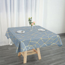 54 Inch x 54 Inch Polyester Square Tablecloth In Dusty Blue With Gold Foil Geometric Pattern