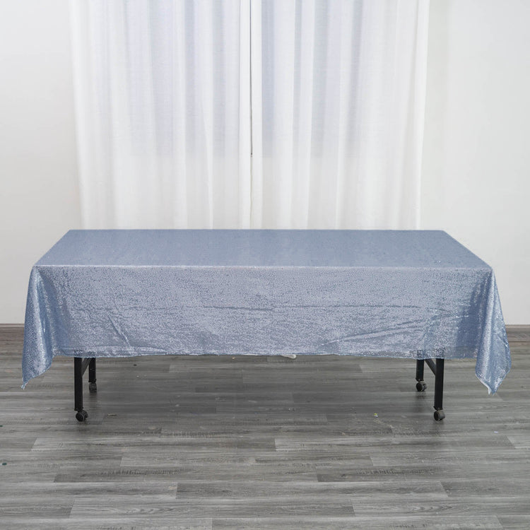 60 Inch By 102 Inch Rectangle Tablecloth With Dusty Blue Seamless Sequin