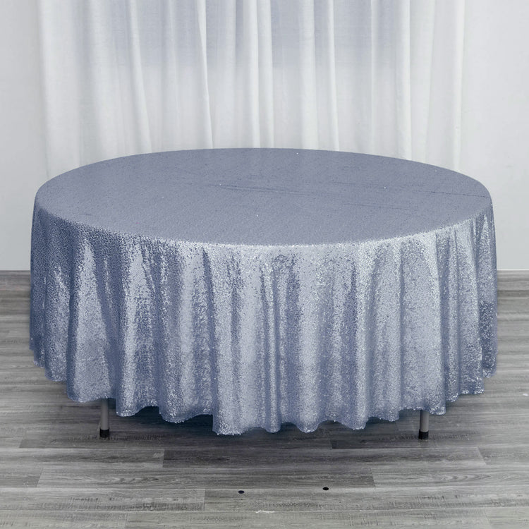 108 Inch Round Tablecloth With Dusty Blue Seamless Sequin
