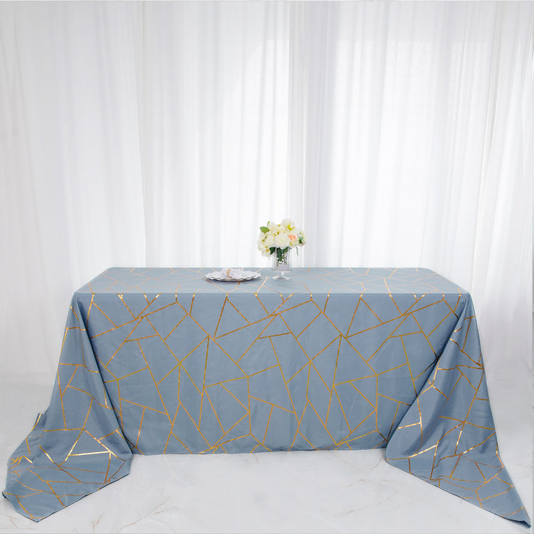 Dusty Blue Polyester Tablecloth With Gold Foil Geometric Pattern 90 Inch x 156 Inch 