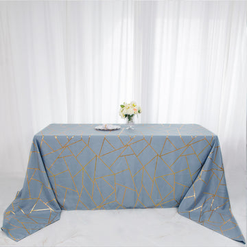 Dusty Blue Seamless Rectangle Polyester Tablecloth with Gold Foil Geometric Pattern 90"x156"