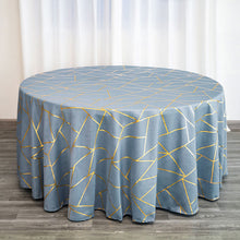 Dusty Blue Round Polyester Tablecloth With Gold Foil Geometric Pattern 120 Inch