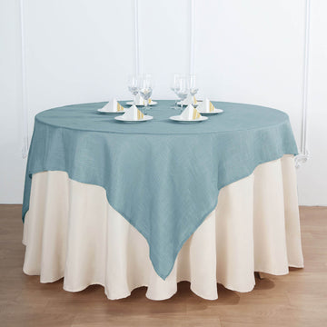 Dusty Blue Slubby Textured Linen Square Table Overlay, Wrinkle Resistant Polyester Tablecloth Topper 72"x72"