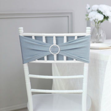 5 Pack | 5"x14" Dusty Blue Spandex Stretch Chair Sashes with Silver Diamond Ring Slide Buckle