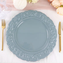 14 Inch Dusty Blue Vintage Plastic Charger Plates With Engraved Baroque Rim