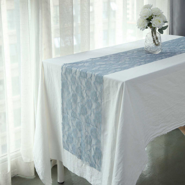 Dusty Blue Rose Lace Table Runner 12 Inch x 108 Inch