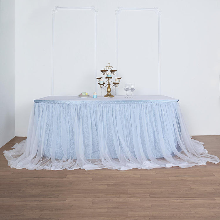14 Feet Two Layered Table Skirt With Dusty Blue 30 Inch Satin Lining And 48 Inch Extra Long White Tulle
