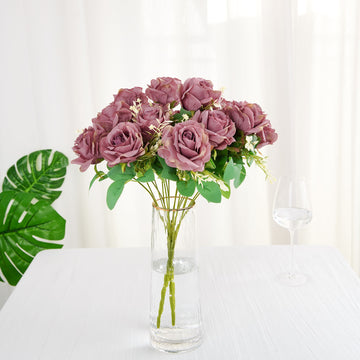 2 Bushes | 18" Dusty Rose Artificial Silk Rose Flower Arrangements, Real Touch Long Stem Flower Bouquet
