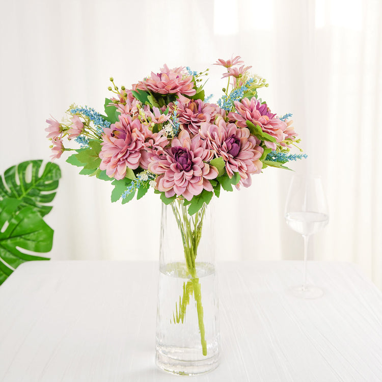 2 Bushes of Artificial Silk Dahlia Bouquet Spray in Dusty Rose and Blue