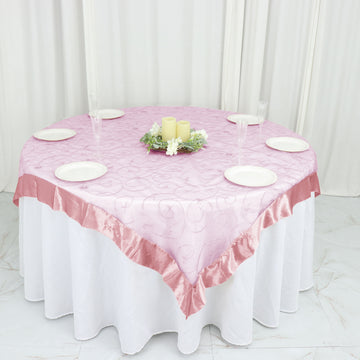 60"x60" Dusty Rose Embroidered Sheer Organza Square Table Overlay With Satin Edge
