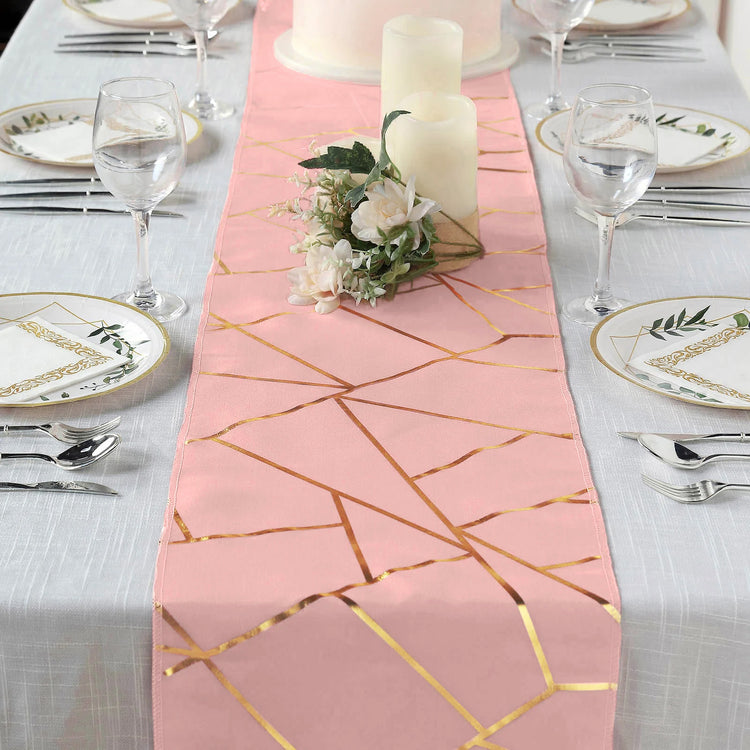 9 Feet Dusty Rose Table Runner With Gold Foil Geometric Pattern