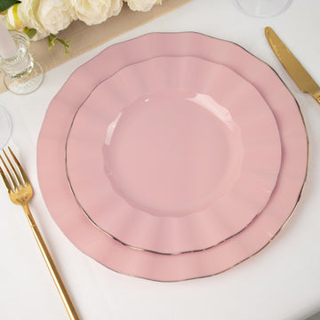 10 Pack Dusty Rose Hard Plastic Dinner Plates with Gold Ruffled Rim, Heavy Duty Disposable Dinnerware 9"