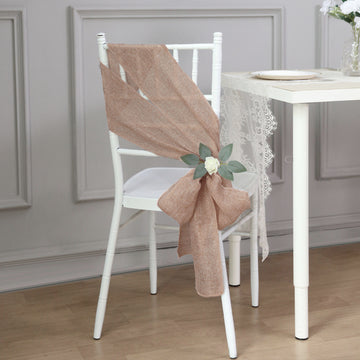 5 Pack Dusty Rose Jute Faux Burlap Chair Sashes, Boho Chic Linen Decor 6"x108"
