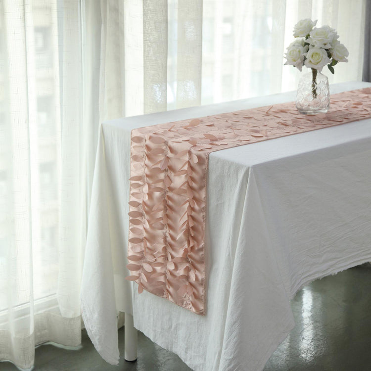 12 Inch X 108 Inch - Dusty Rose 3D Leaf Petal Taffeta Fabric Table Runner